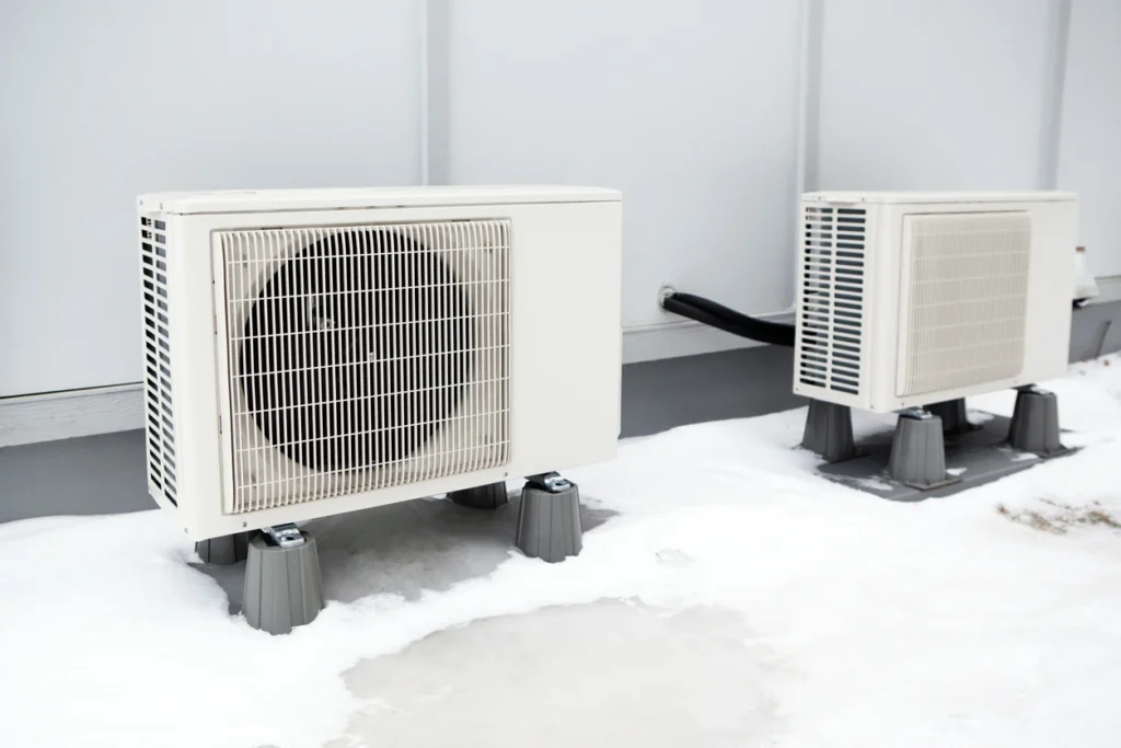 Two air conditioners resting on the snowy ground, surrounded by a blanket of white snowflakes.